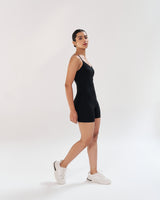 Black is the new black! Elevate your workout with our black playsuit, featuring a body-hugging fit and a seamless front for ultimate comfort. The built-in shelf bra and adjustable spaghetti straps ensure a secure and stylish fit. Quick Drying, 4 Way Stretch, Lightweight & Breathable