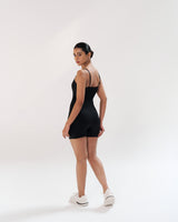 Black onesie Modeled by a fitness enthusiast experience the body-hugging fit that's soft and effortlessly sexy, complemented by a seamless front, soft neckline, built-in shelf bra for full support, and adjustable spaghetti strapsStay Quick Drying, enjoy 4 Way Stretch, and revel in the Lightweight & Breathable design in this rich black colour