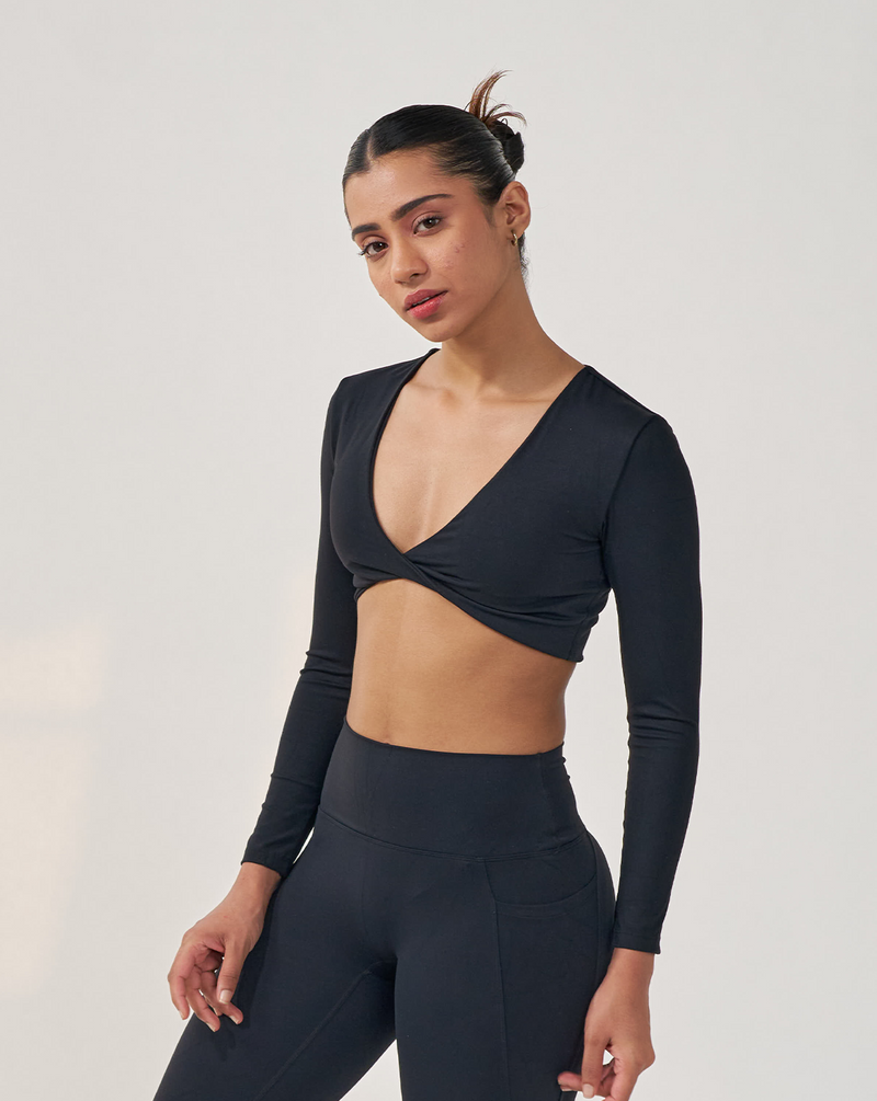 Long Sleeve twist front Crop Top - BLACK