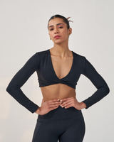 Long Sleeve twist front Crop Top - BLACK
