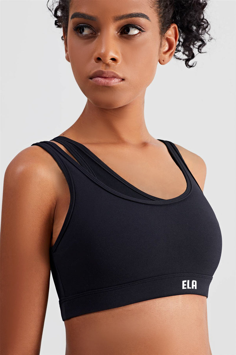 female model wearing black sports bra with built-in padding for extra support for high intensity workout. the bra is suitable for gym, yoga or any athletic activities