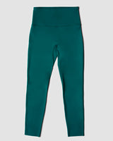 Flatlay of a teal green comfortable legging with high-waist and laser cut hem best for gym and other workout activities