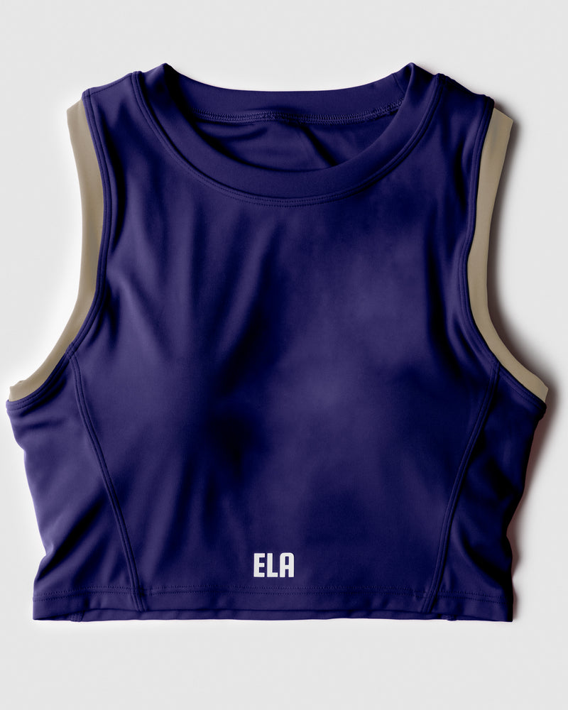 Flatlay image of purple blue high neck sports bra
